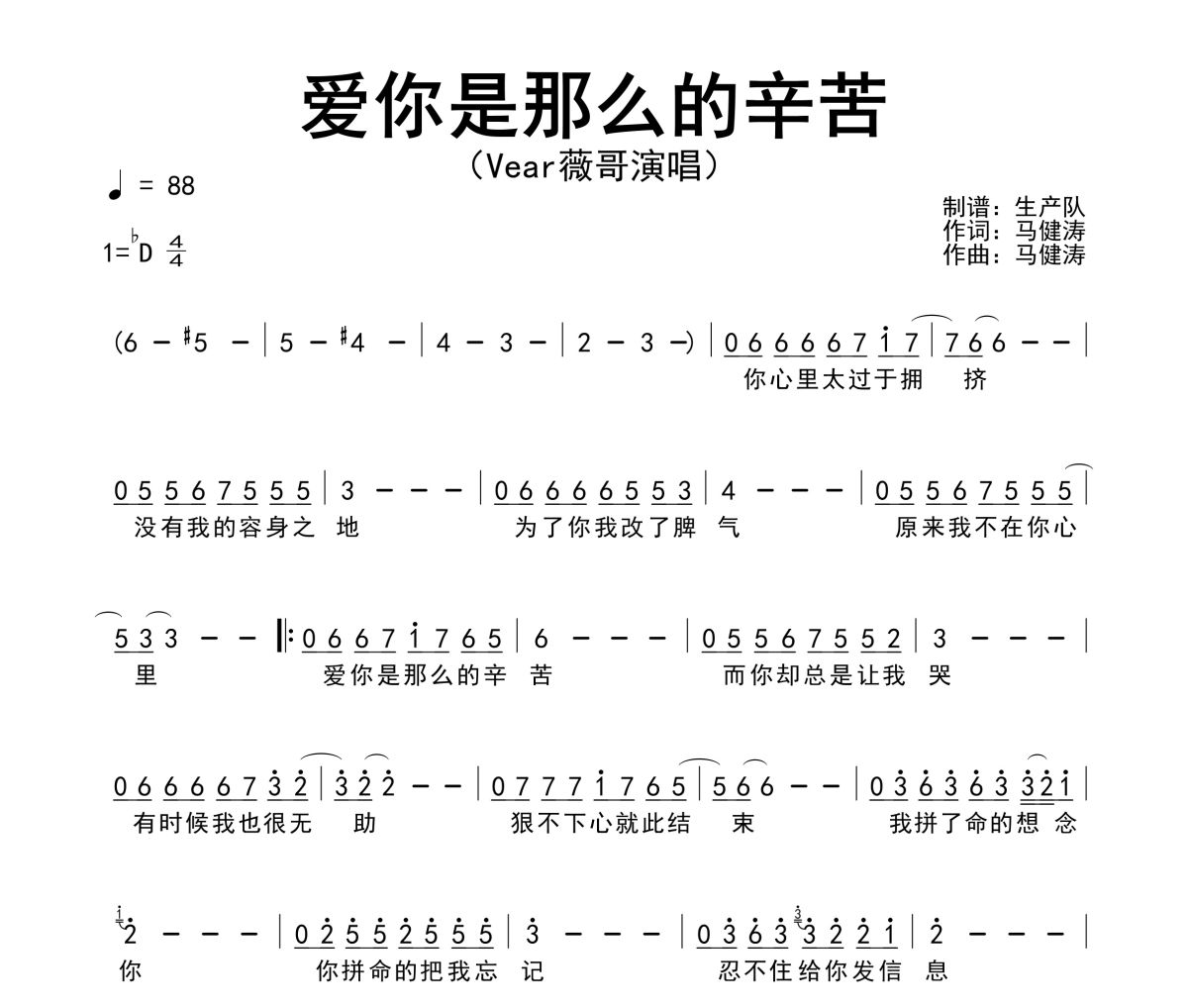 愛你是那么的辛苦簡譜 Vear薇哥《愛你是那么的辛苦》簡譜降D調