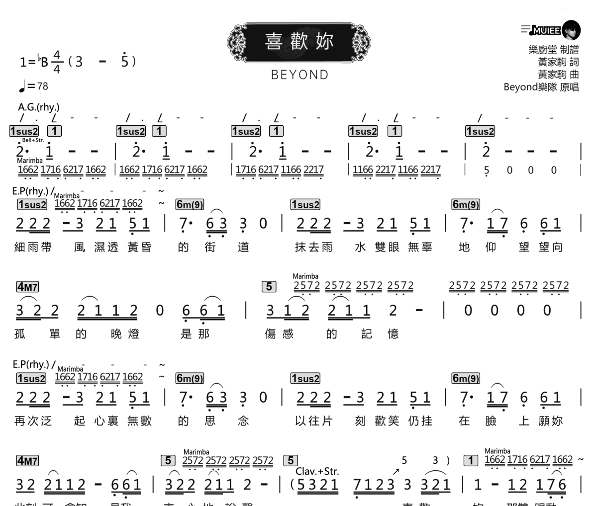 喜歡你簡譜 BEYOND《喜歡你》簡譜降B調