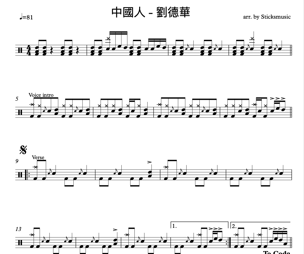 中國人鼓譜 劉德華-中國人爵士鼓鼓譜