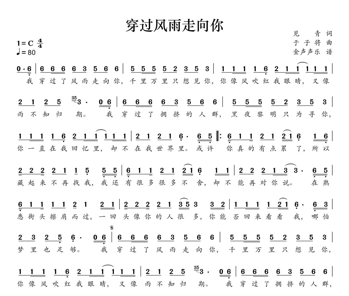 穿過風雨走向你簡譜 怪阿姨《穿過風雨走向你》簡譜+動態視頻C調