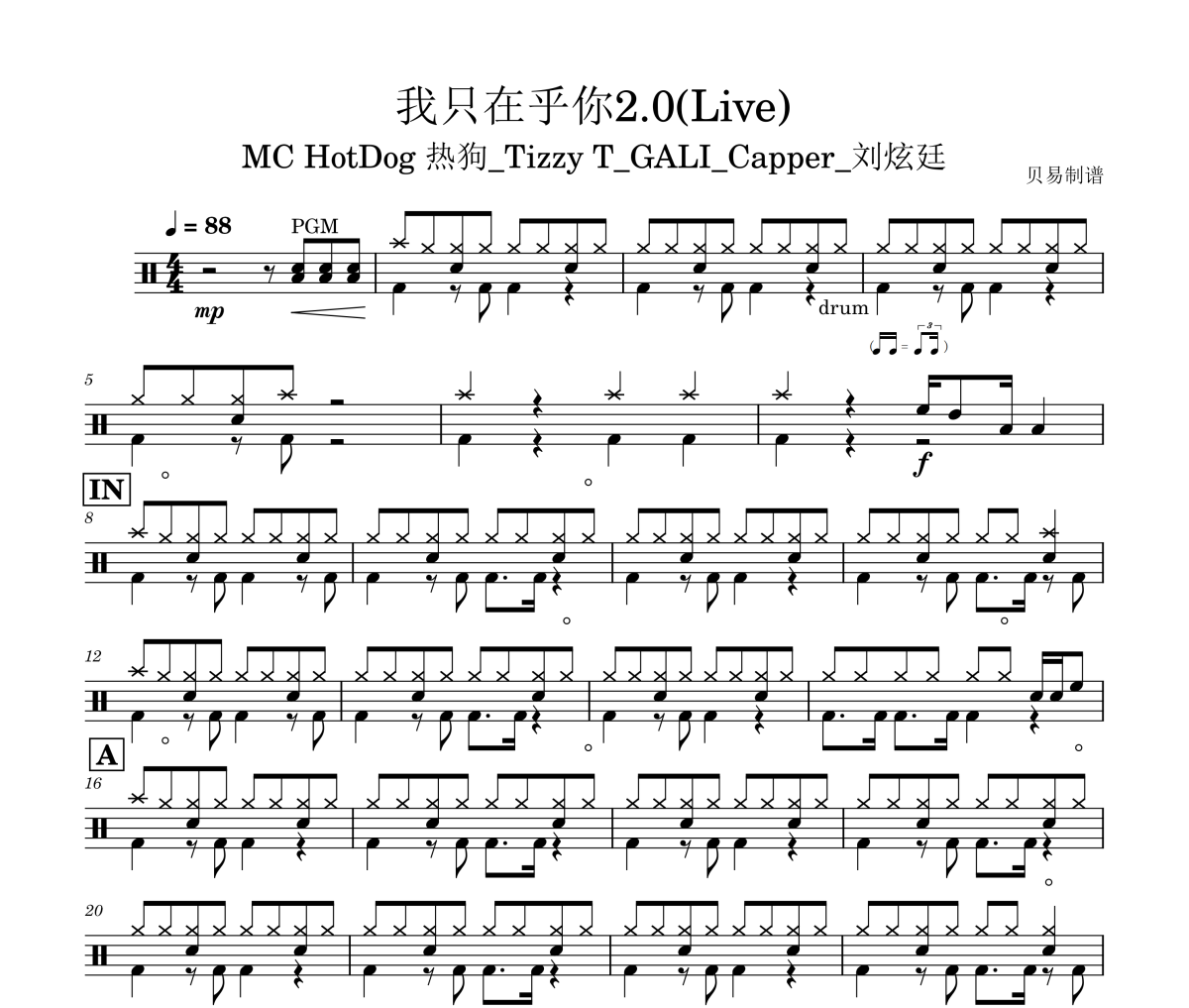 我只在乎你2.0鼓譜 MC HotDog 熱狗_Tizzy T_GALI_Capp《我只在乎你2.0》(Live)架子鼓