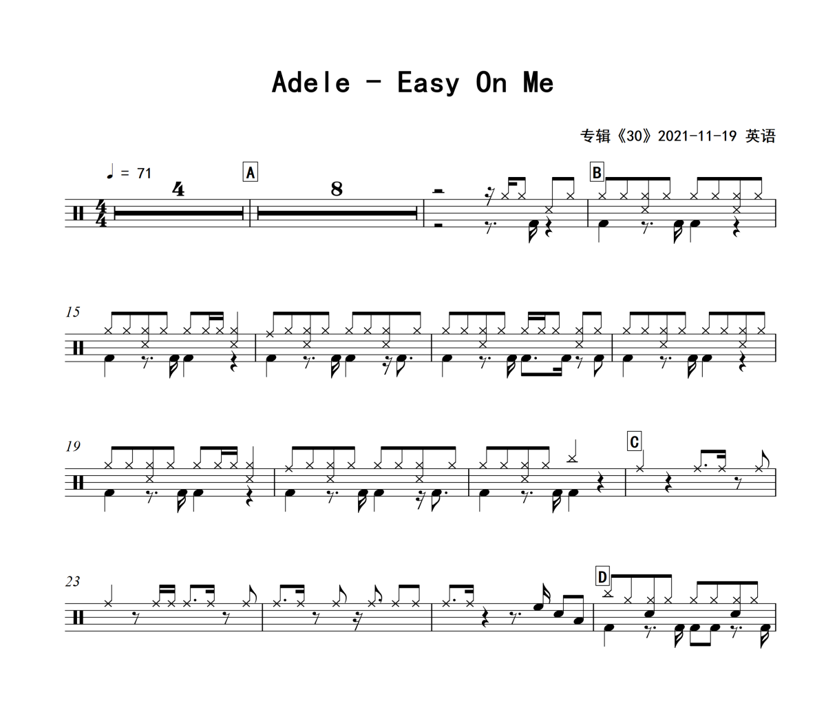 Easy On Me鼓譜 Adele《Easy On Me》(編配版)架子鼓|爵士鼓|鼓譜+動(dòng)態(tài)視頻
