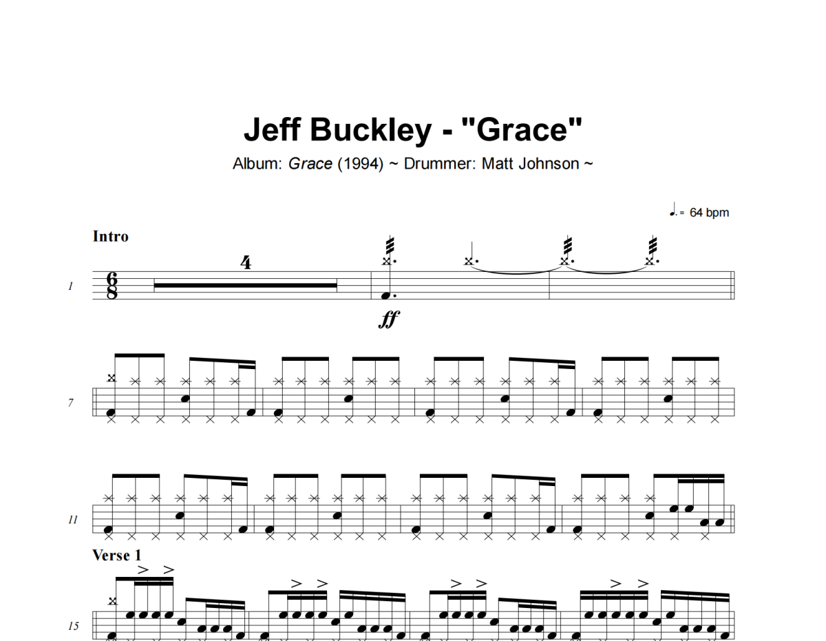 Grace鼓譜 Jeff Buckley《Grace》架子鼓|爵士鼓|鼓譜+動態視頻