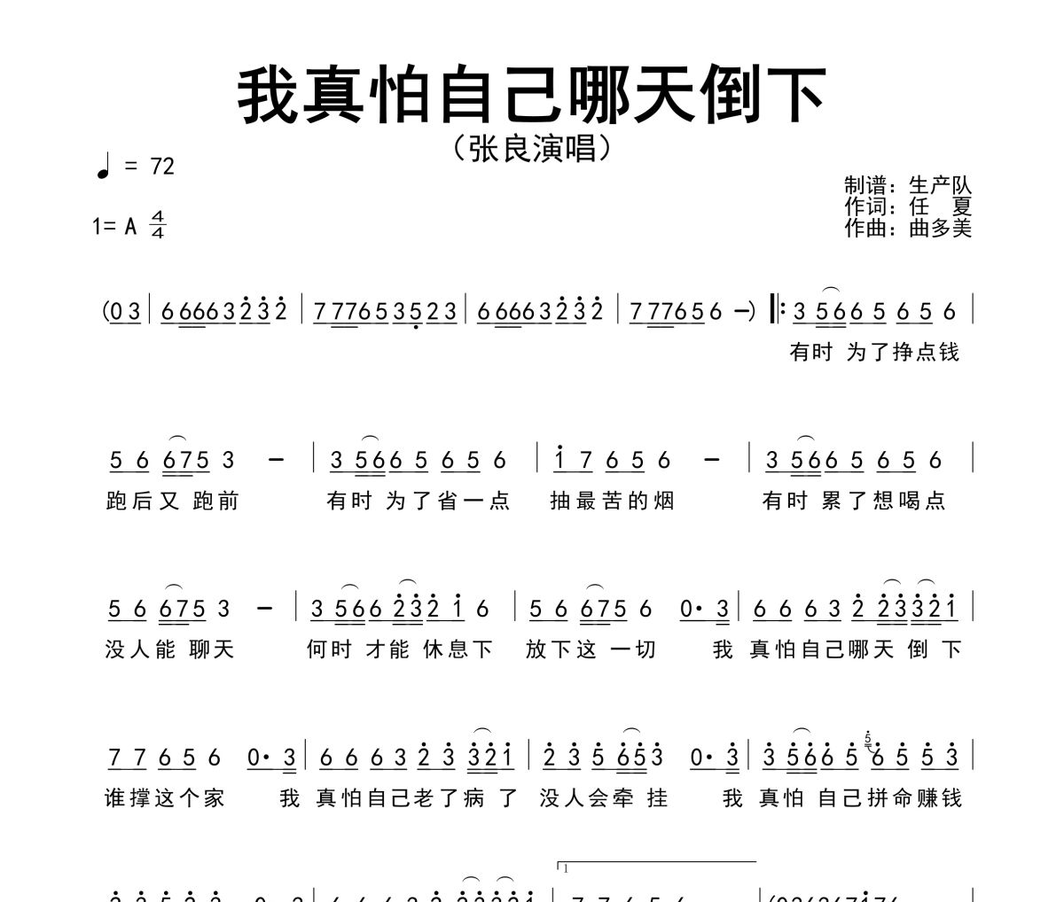 我真怕自己哪天倒下簡(jiǎn)譜 張良《我真怕自己哪天倒下》(煙嗓男版)簡(jiǎn)譜A調(diào)