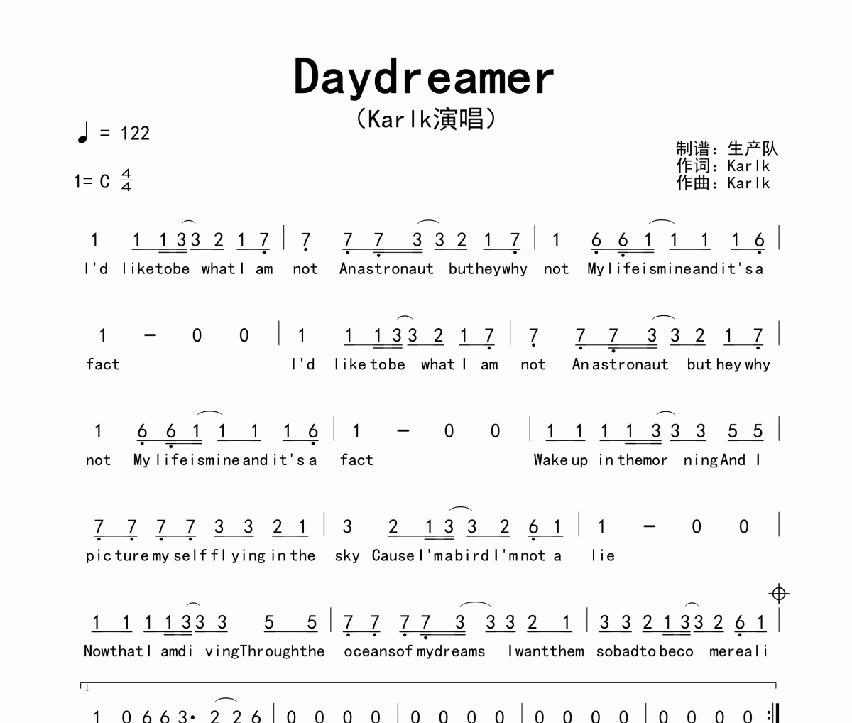 Daydreamer簡譜 KarlK《Daydreamer》簡譜C調(diào)