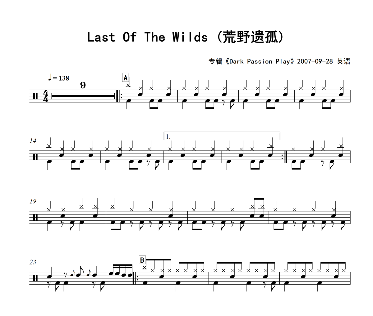Last Of The Wilds 鼓譜 Nightwish-Last Of The Wilds(荒野遺孤)架子鼓譜