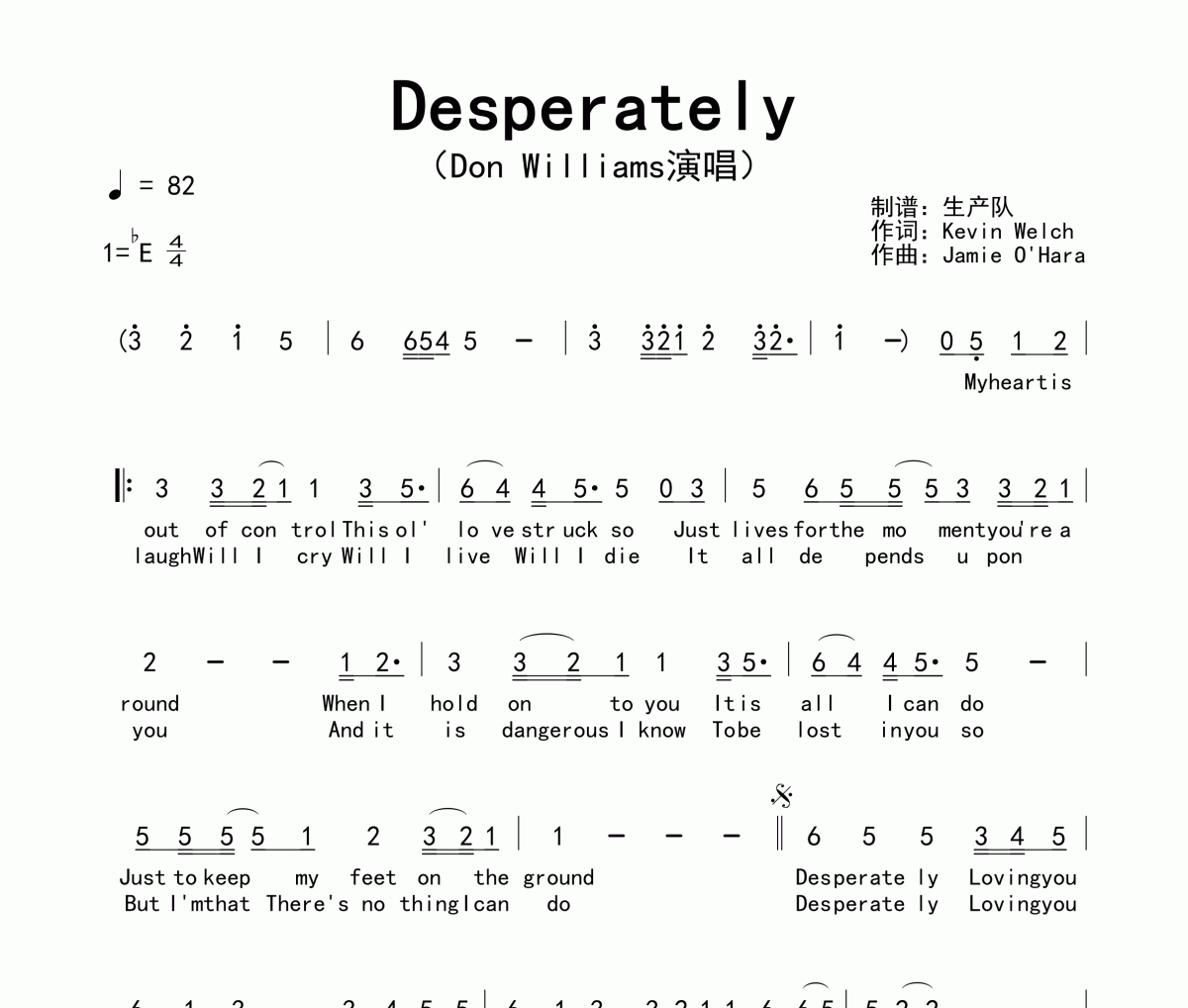 Desperately簡譜 Don Williams《Desperately》簡譜降E調