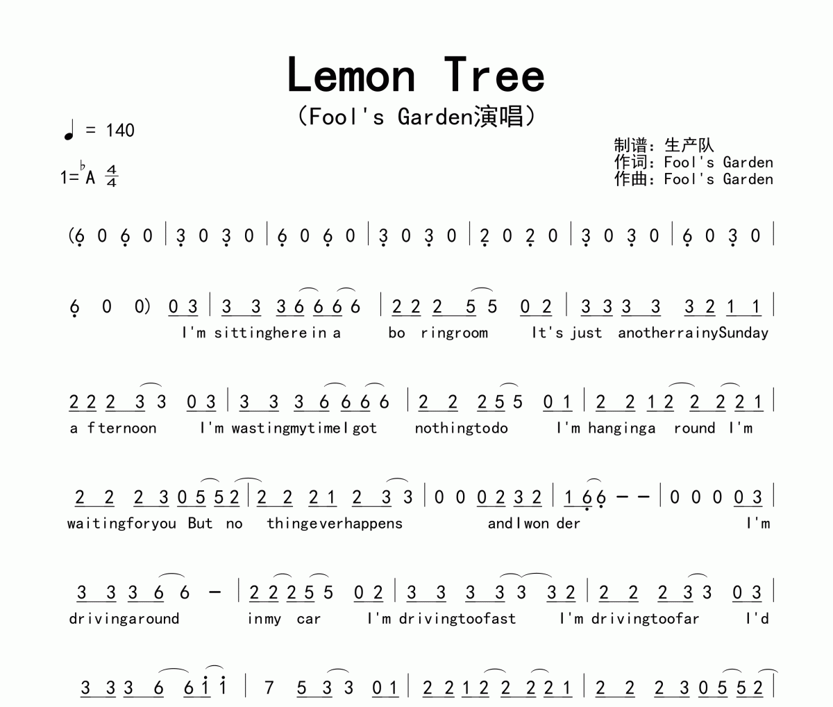 Lemon Tree簡譜  Fool's Garden-Lemon Tree簡譜降A(chǔ)調(diào)