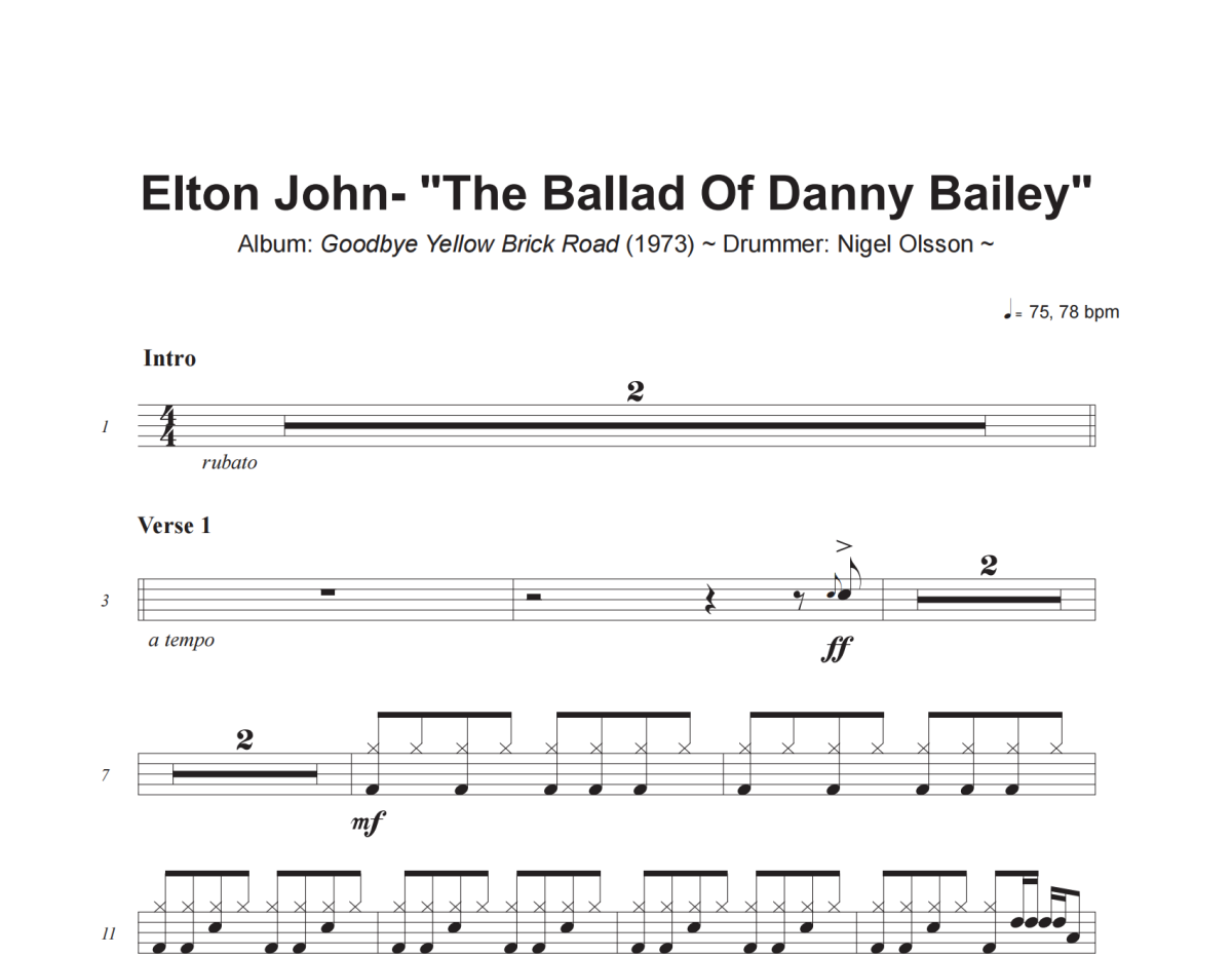 Elton John《The Ballad Of Danny Bailey》架子鼓|爵士鼓|鼓譜+動態視頻