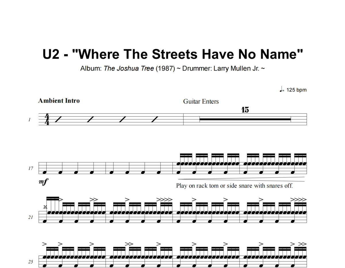 U2《Where The Streets Have No Name》架子鼓|爵士鼓|鼓譜+動(dòng)態(tài)視頻
