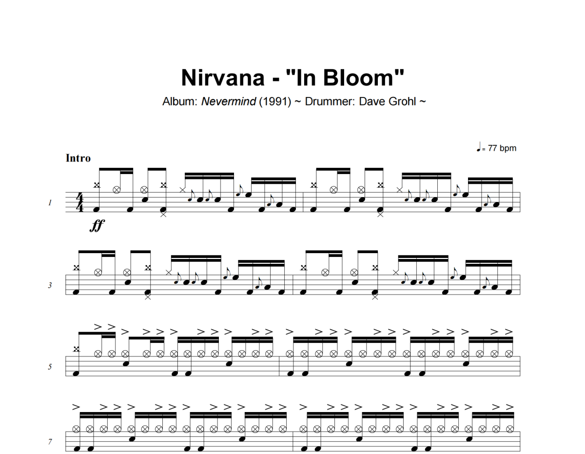In Bloom鼓譜 Nirvana《In Bloom》架子鼓|爵士鼓|鼓譜+動態(tài)視頻