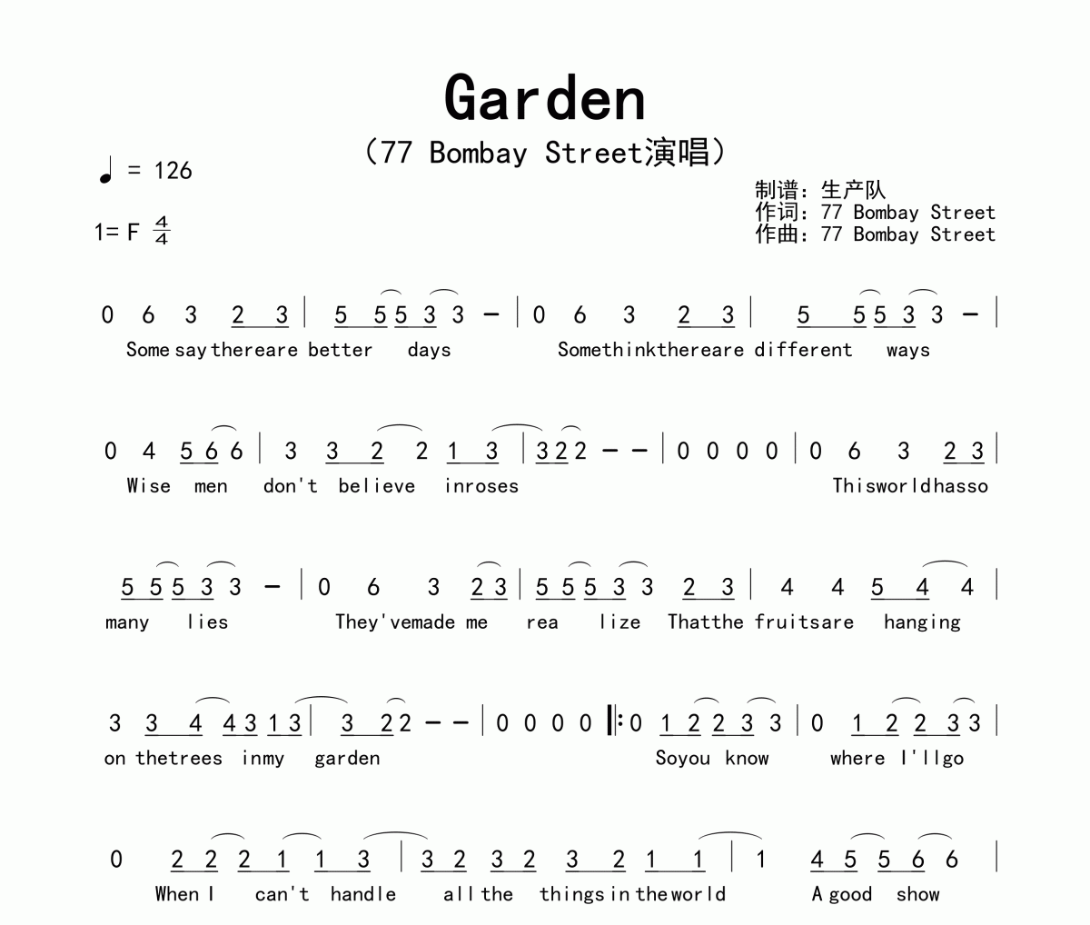 Garden簡譜 77 Bombay Street《Garden》簡譜F調