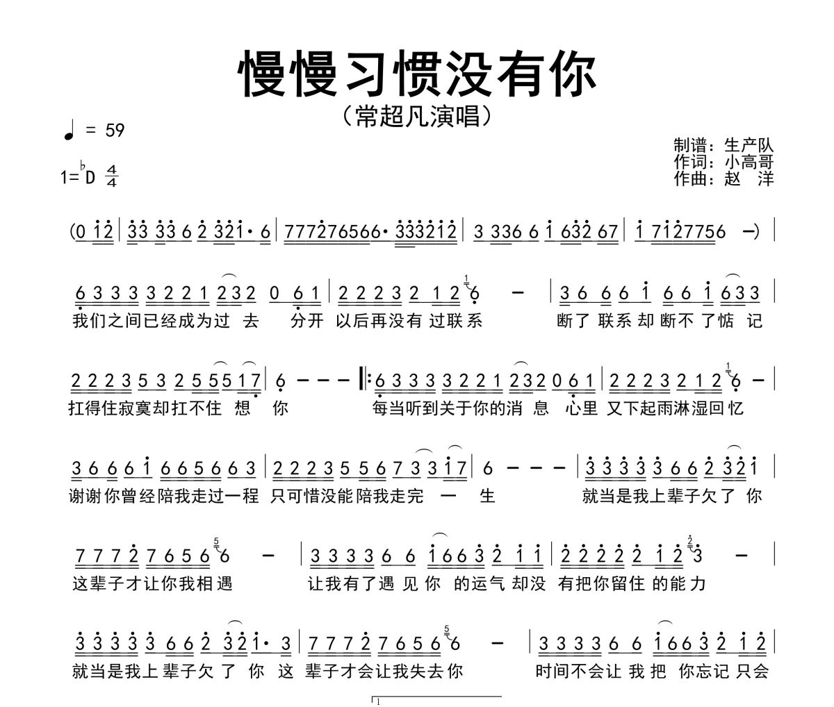 慢慢習慣沒有你簡譜 常超凡《慢慢習慣沒有你》簡譜