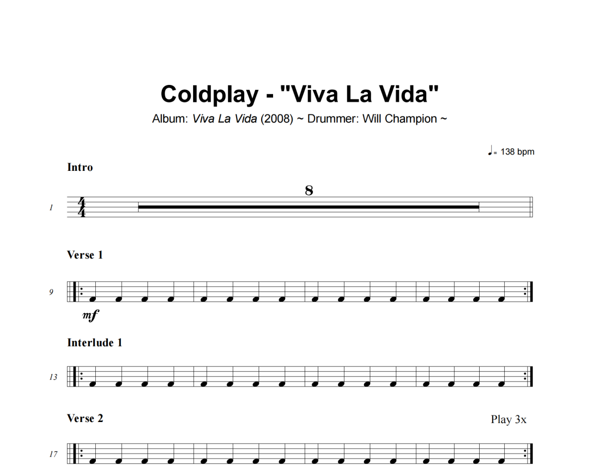 Viva La Vida鼓譜 Coldplay-Viva La Vida爵士鼓譜+動態(tài)視頻