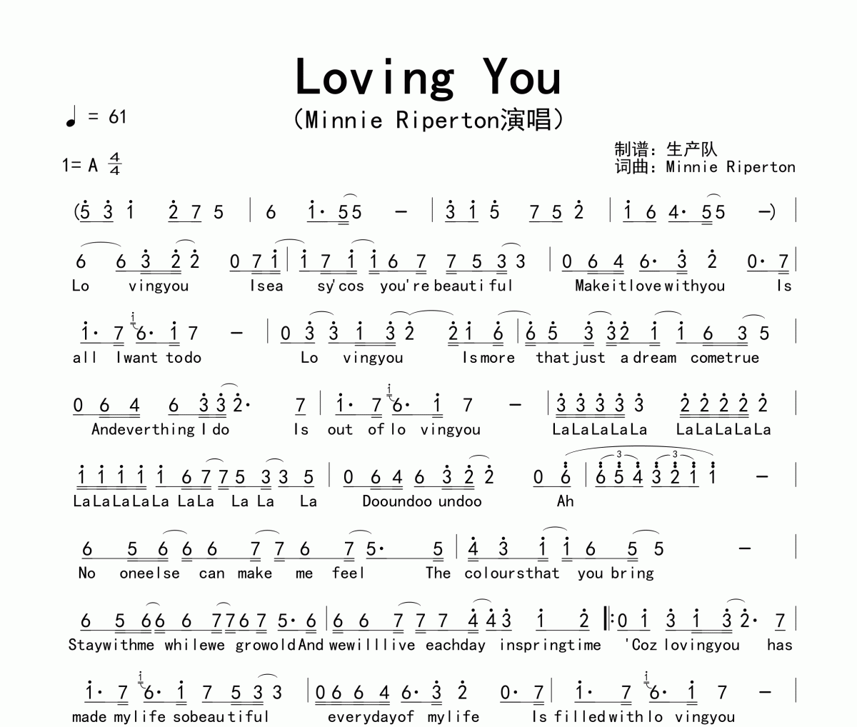 Loving You簡譜 Minnie Riperton《Loving You》簡譜A調