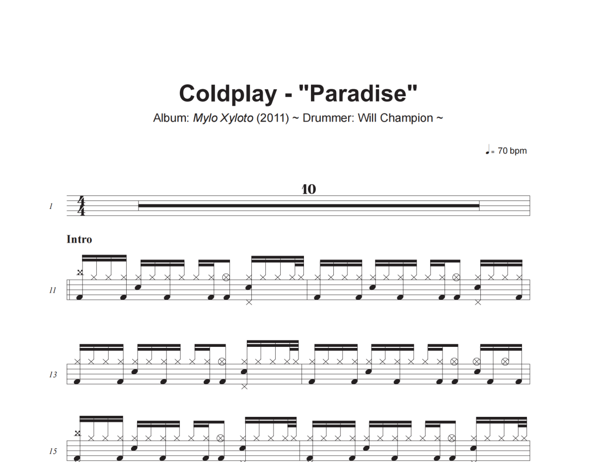 Paradise鼓譜 Coldplay《Paradise》架子鼓|爵士鼓|鼓譜+動態視頻