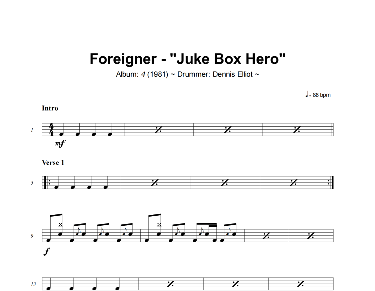 Juke Box Hero鼓譜 Foreigner《Juke Box Hero》架子鼓|爵士鼓|鼓譜+動態視頻