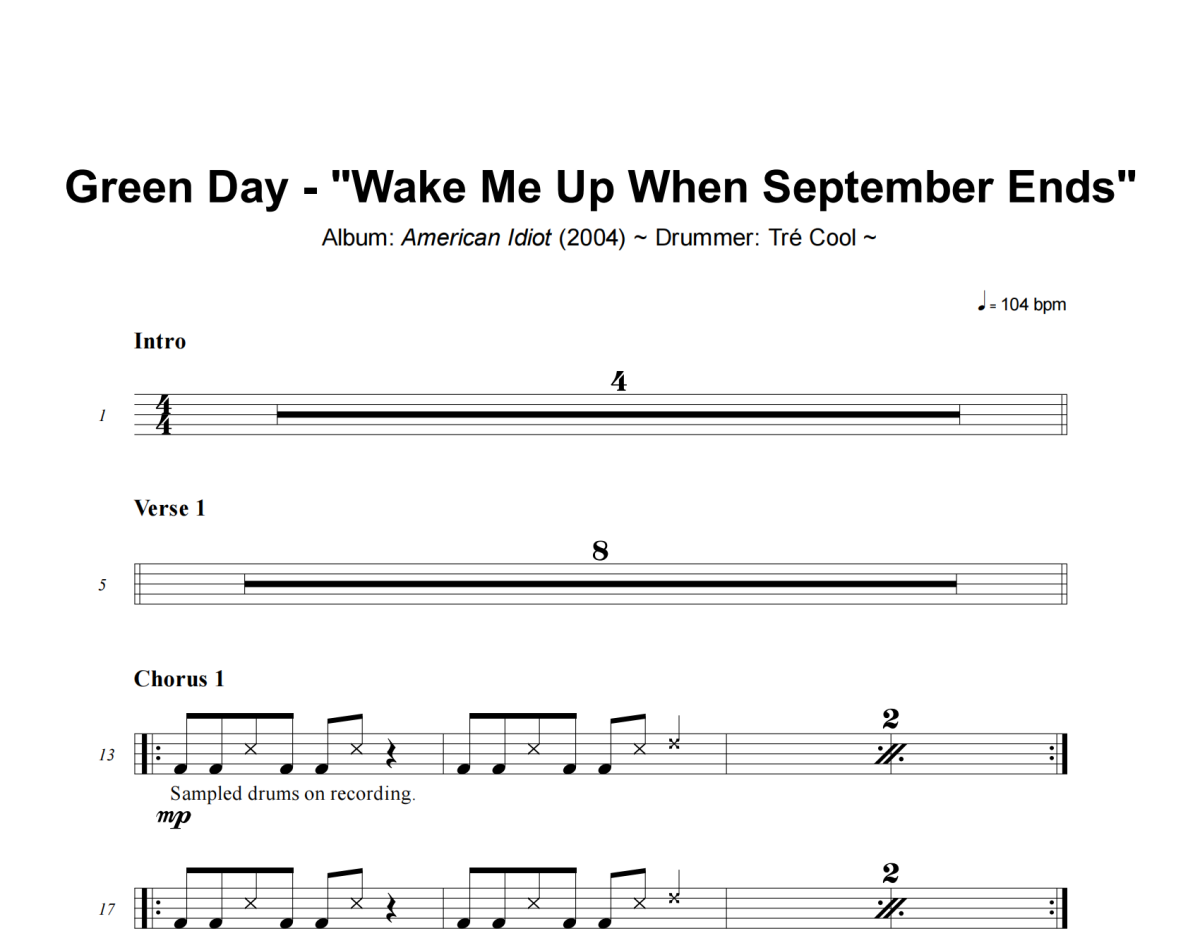 Green Day《Wake Me Up When September Ends》架子鼓|爵士鼓|鼓譜+動態視頻
