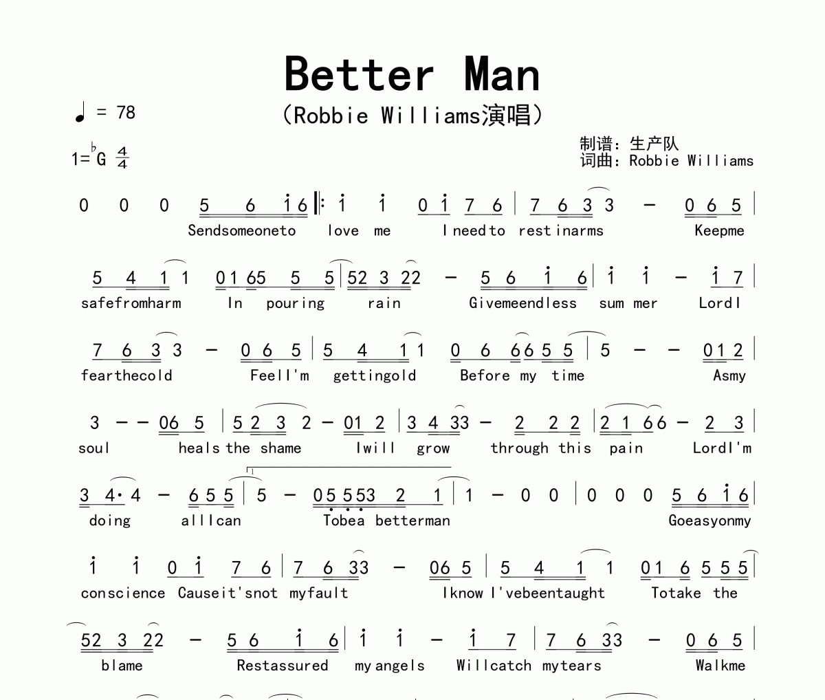 Better Man簡譜 Robbie Williams《Better Man》簡譜降G調(diào)