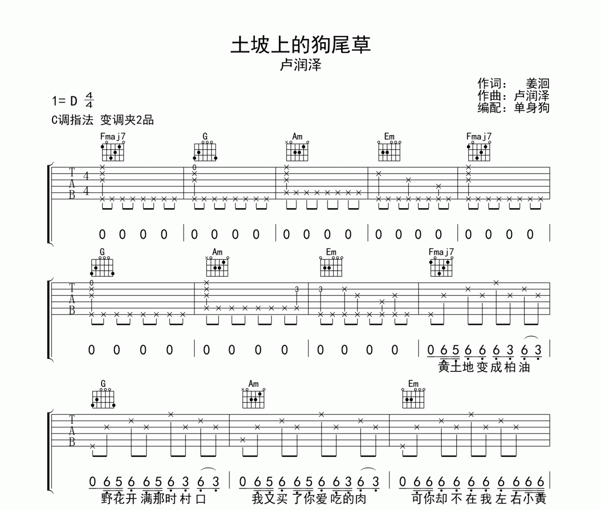 土坡上的狗尾草吉他譜 盧潤澤《土坡上的狗尾草》C調(diào)彈唱譜