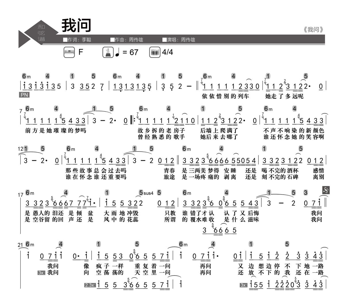 我問(wèn)簡(jiǎn)譜 周傳雄《我問(wèn)》簡(jiǎn)譜F調(diào)
