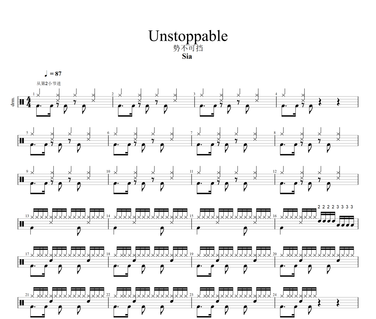 Unstoppable勢不可擋鼓譜 Sia《Unstoppable勢不可擋》架子鼓|爵士鼓|鼓譜+動態視頻