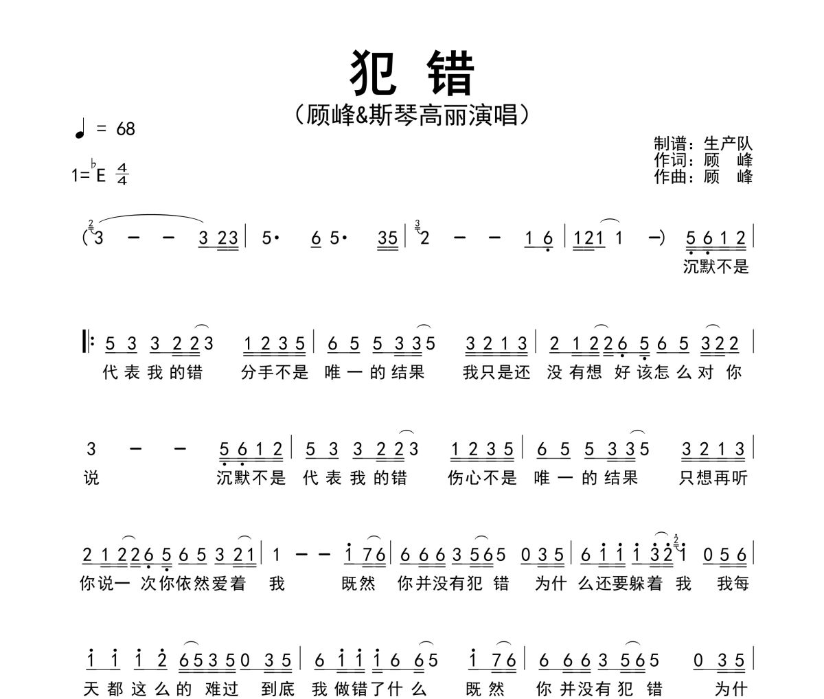 犯錯簡譜 顧峰&斯琴高麗《犯錯》簡譜降E調(diào)