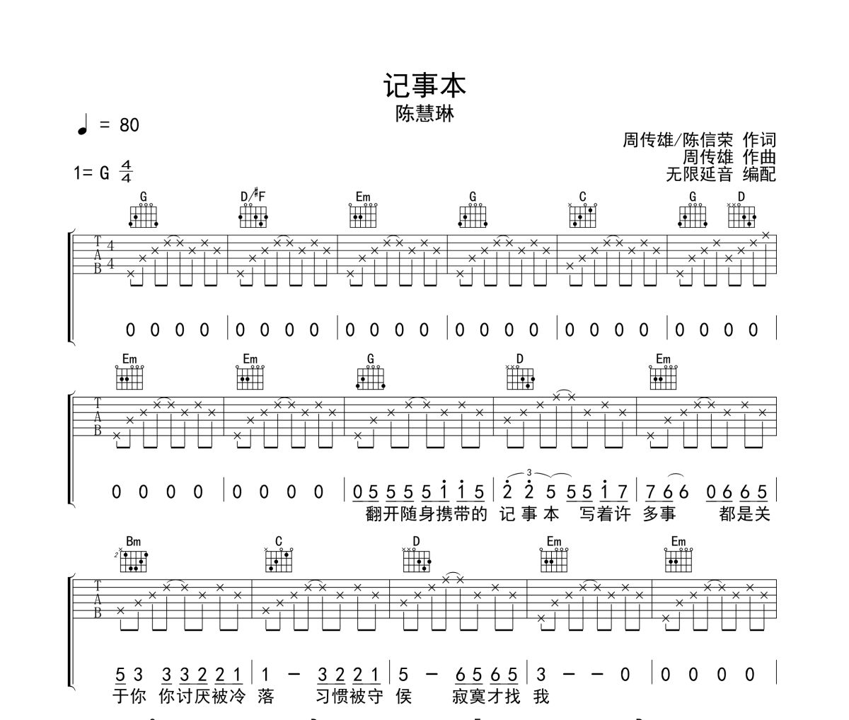 記事本吉他譜 陳慧琳《記事本》六線譜無限延音