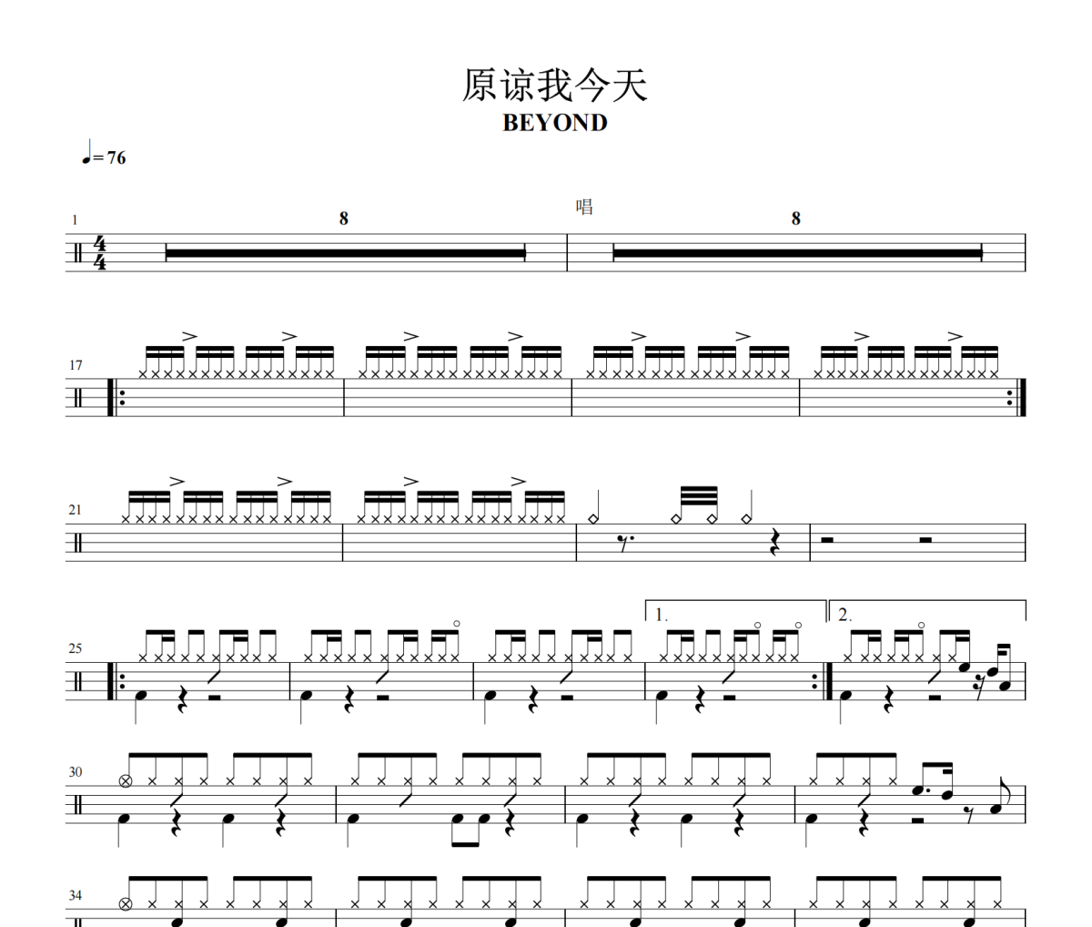原諒我今天鼓譜 BEYOND-原諒我今天爵士鼓譜