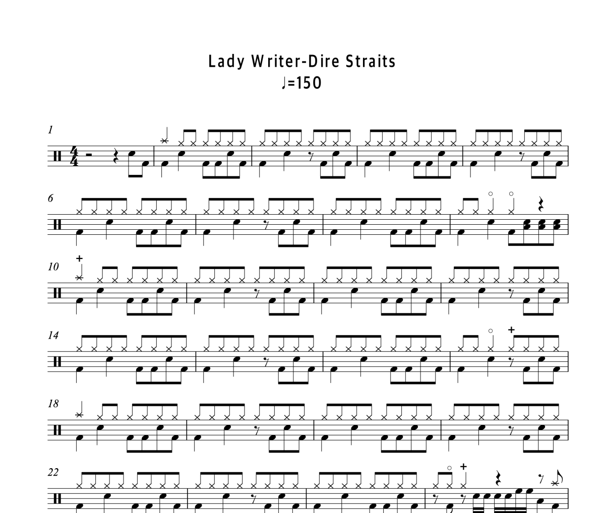 Lady Writer鼓譜 Dire Straits（恐怖海峽）《Lady Writer》架子鼓|爵士鼓|鼓譜