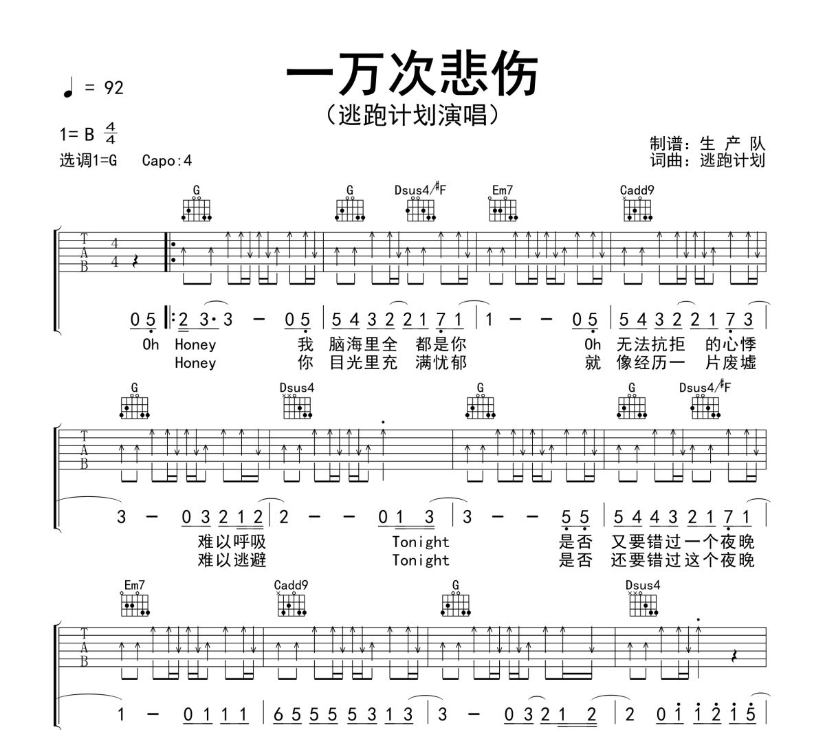 一万次悲伤吉他谱 逃跑计划《一万次悲伤》六线谱G调吉他谱