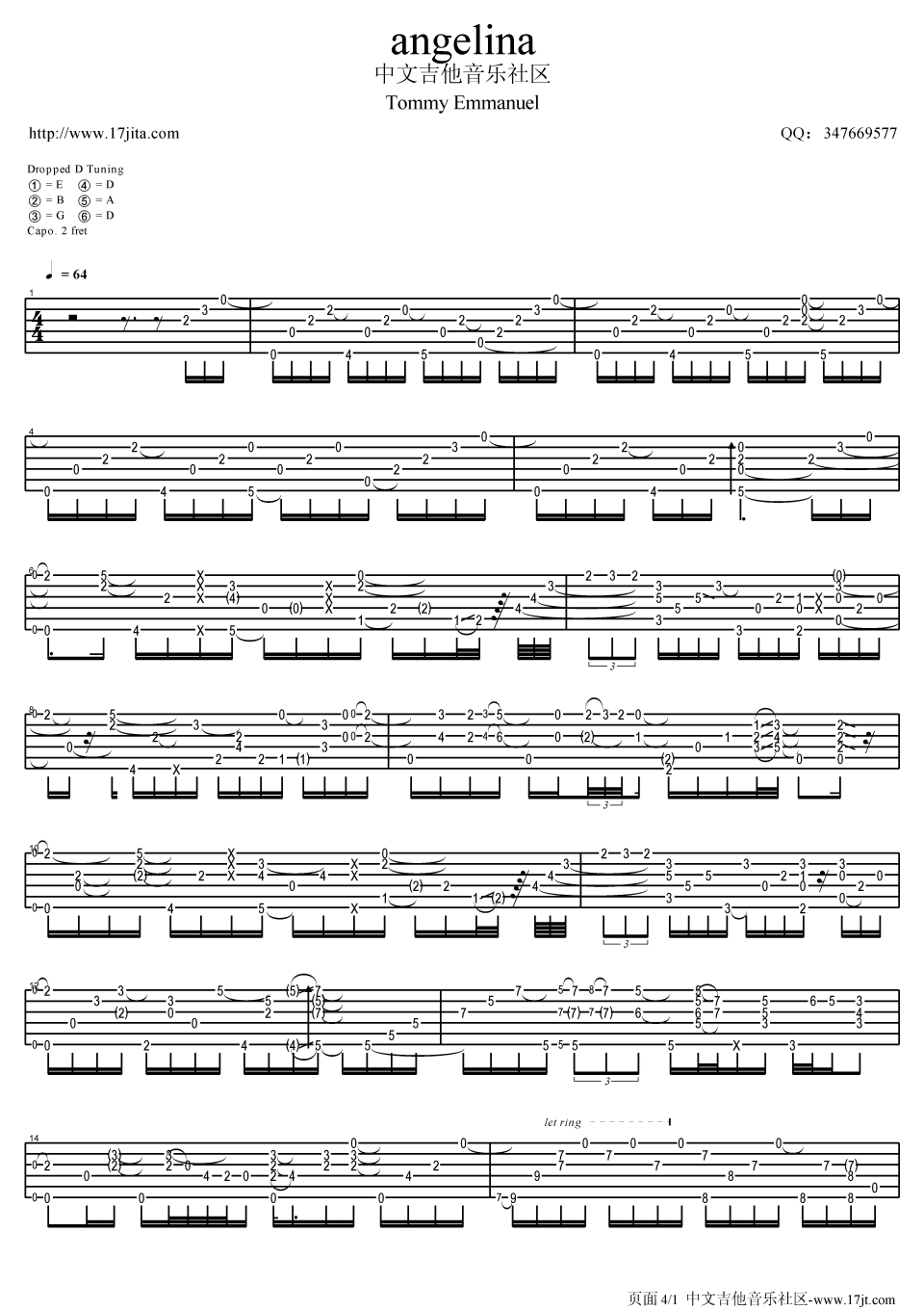 Tommy Emmanuel angelina指弹吉他谱六线谱