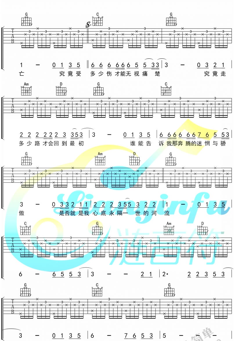 《河流》吉他谱六线谱G调 汪峰