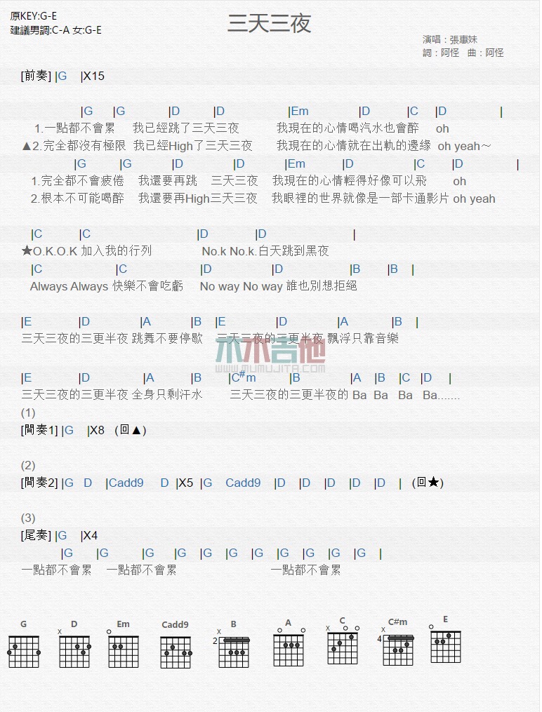 张惠妹《三天三夜》吉他谱 和弦谱