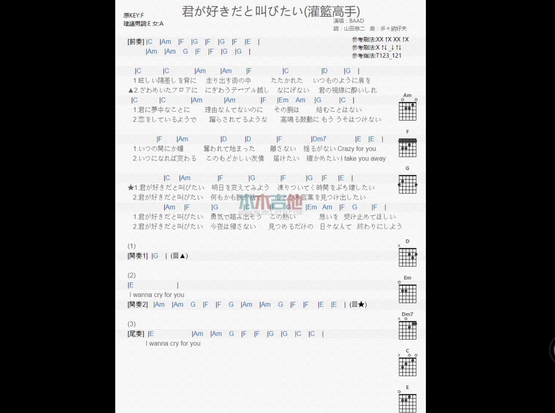 BAAD《好想大声说爱你》（君が好きだと叫びたい）灌篮高手吉他谱