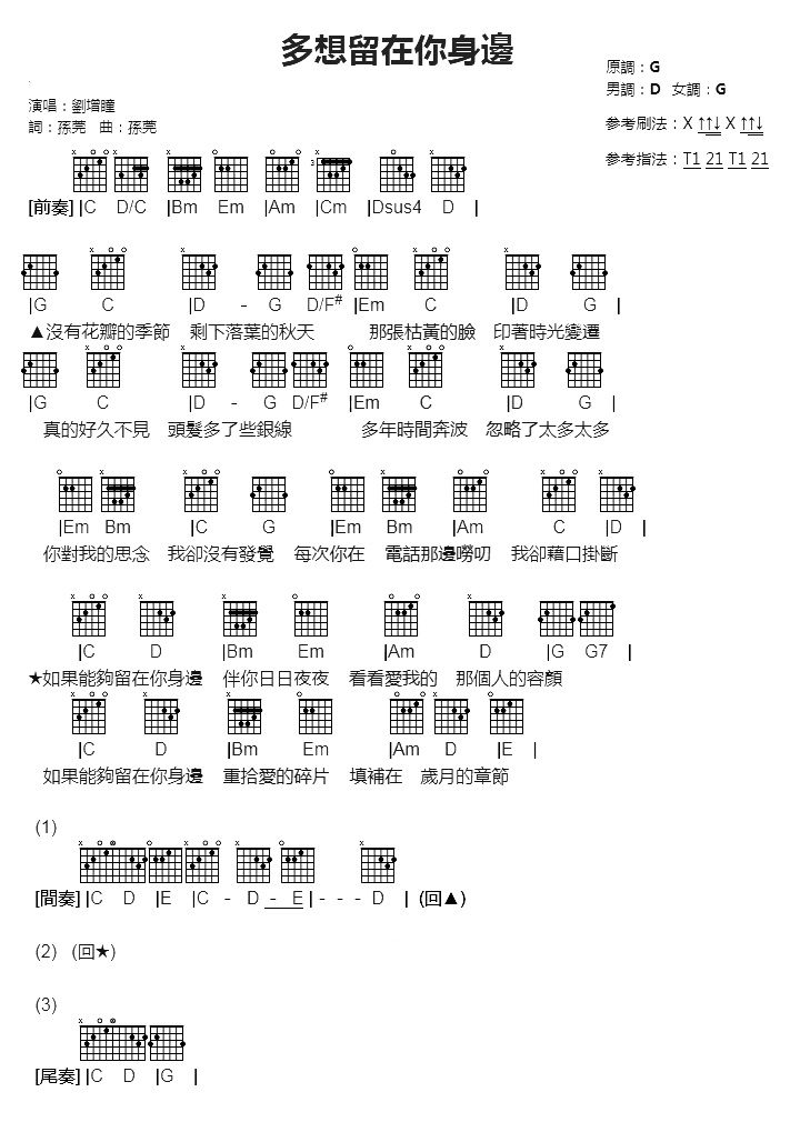 《多想留在你身边》吉他谱 刘增瞳 G调和弦弹唱谱