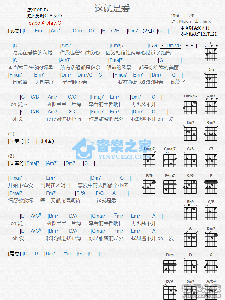 C调版 王心凌《这就是爱》吉他和弦弹唱谱