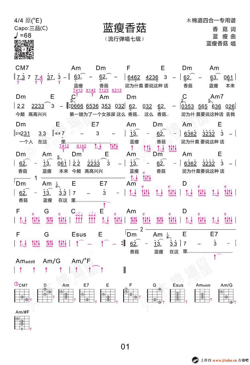 郭力《蓝瘦香菇》吉他谱