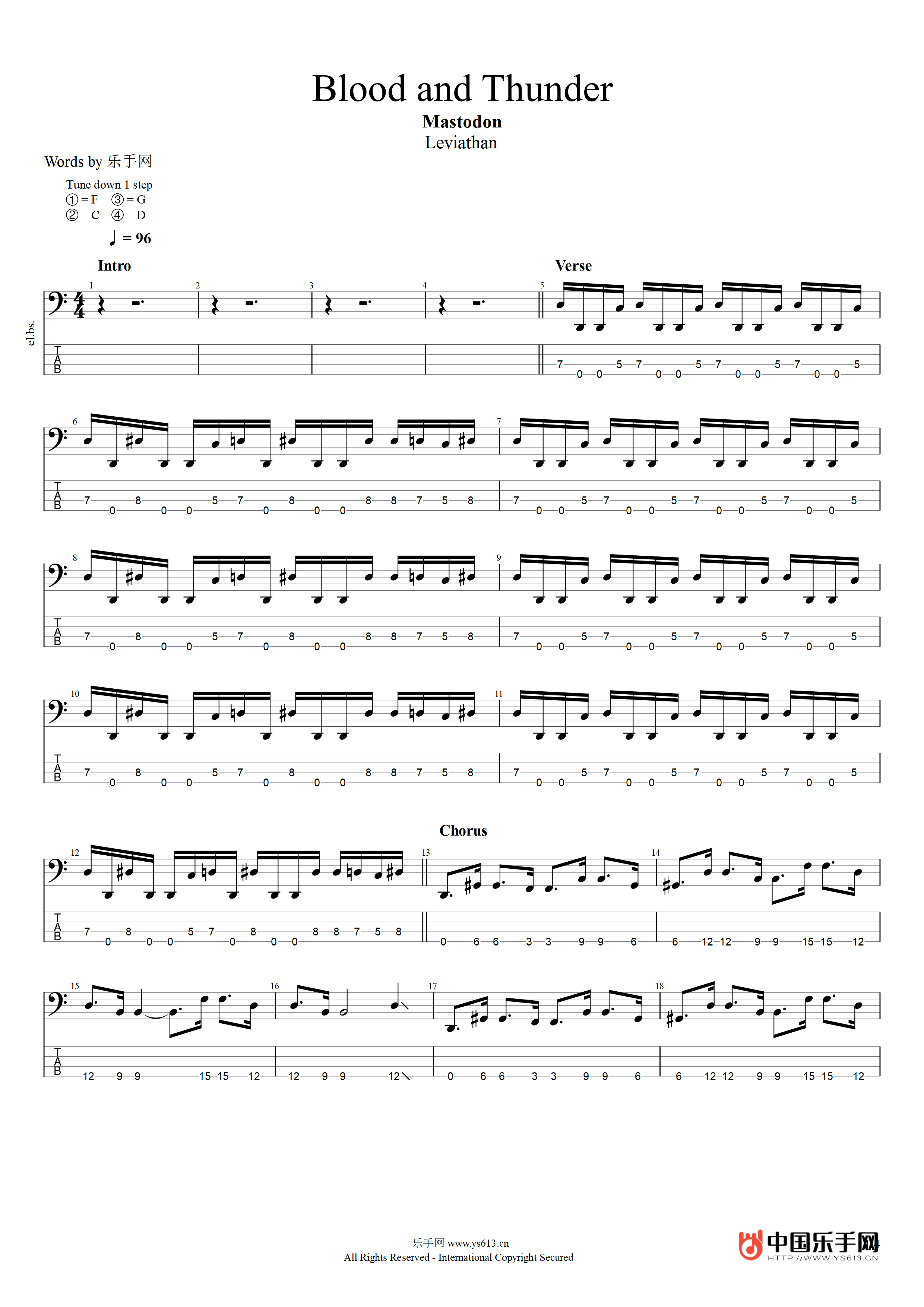 Mastodon乐队-Blood and Thunder贝斯谱(BASS)