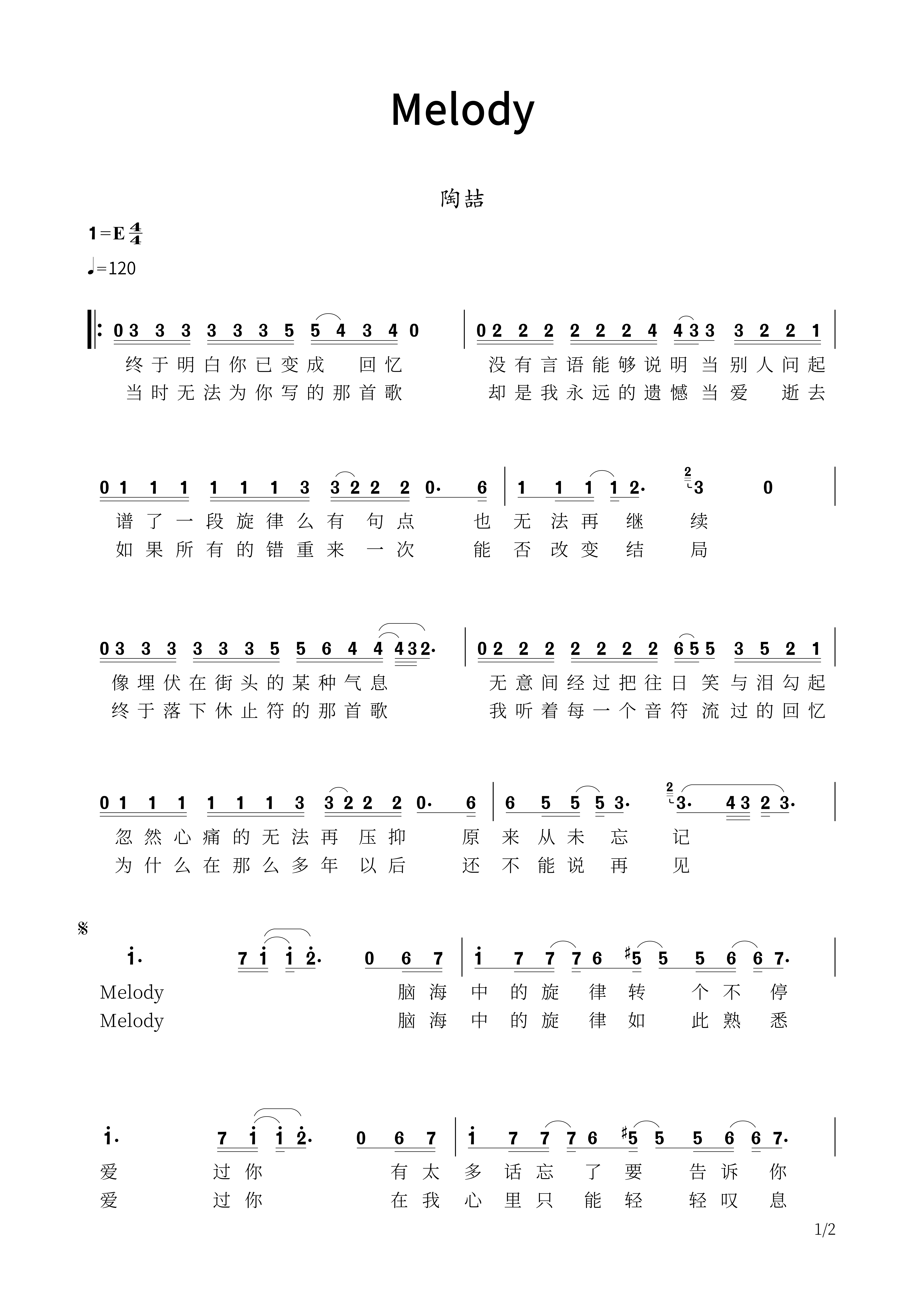 Melody简谱 陶喆《Melody》简谱E调