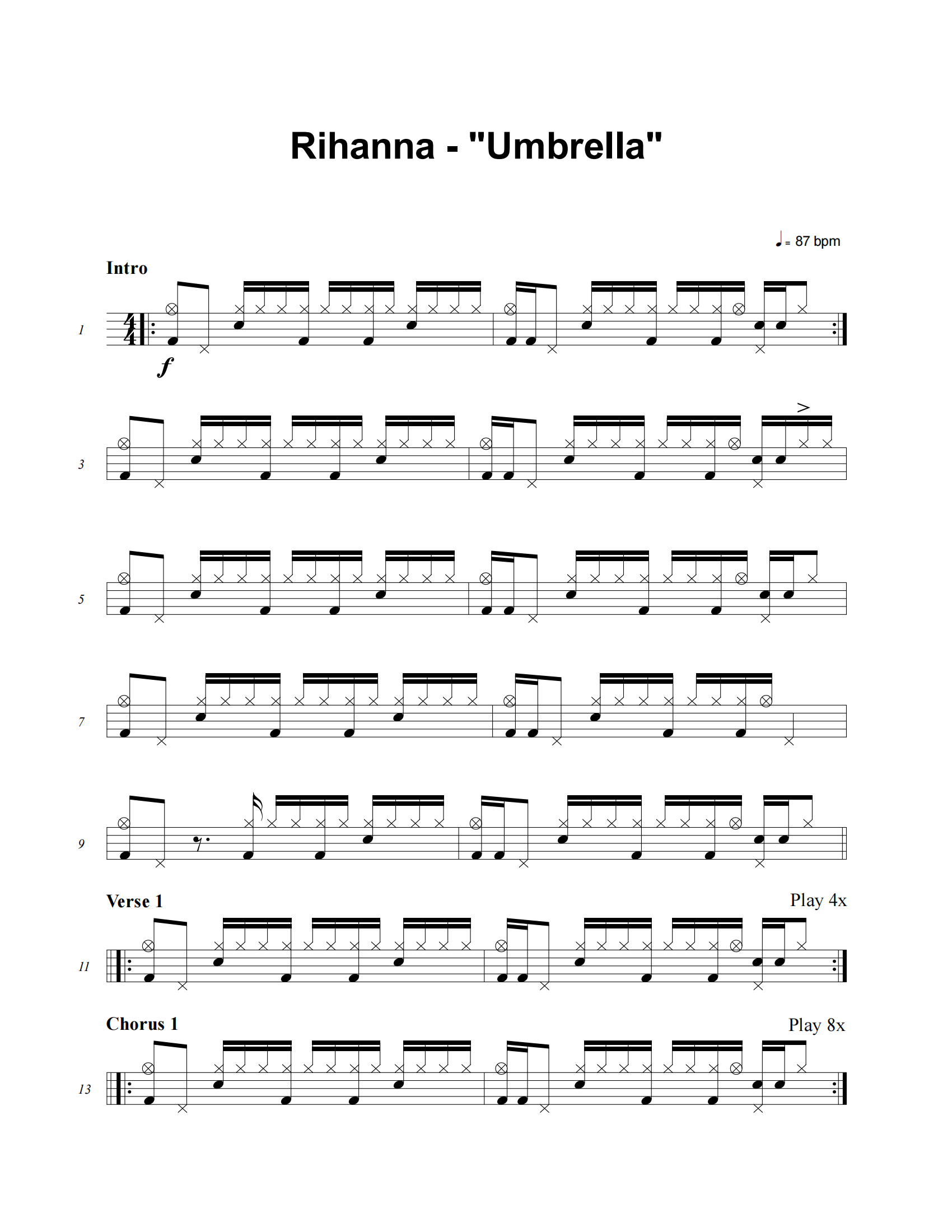 Umbrella鼓谱 Rihanna《Umbrella》架子鼓|爵士鼓|鼓谱