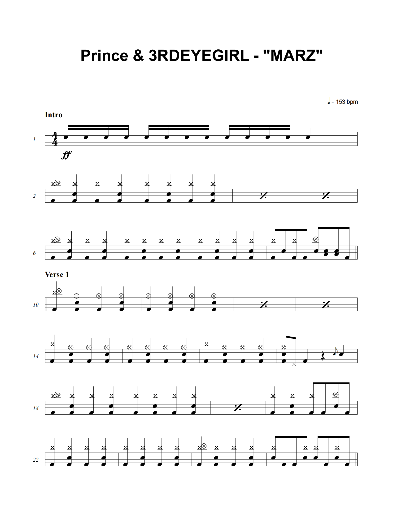MARZ鼓谱 Prince & 3RDEYEGIRL《MARZ》架子鼓|爵士鼓|鼓谱