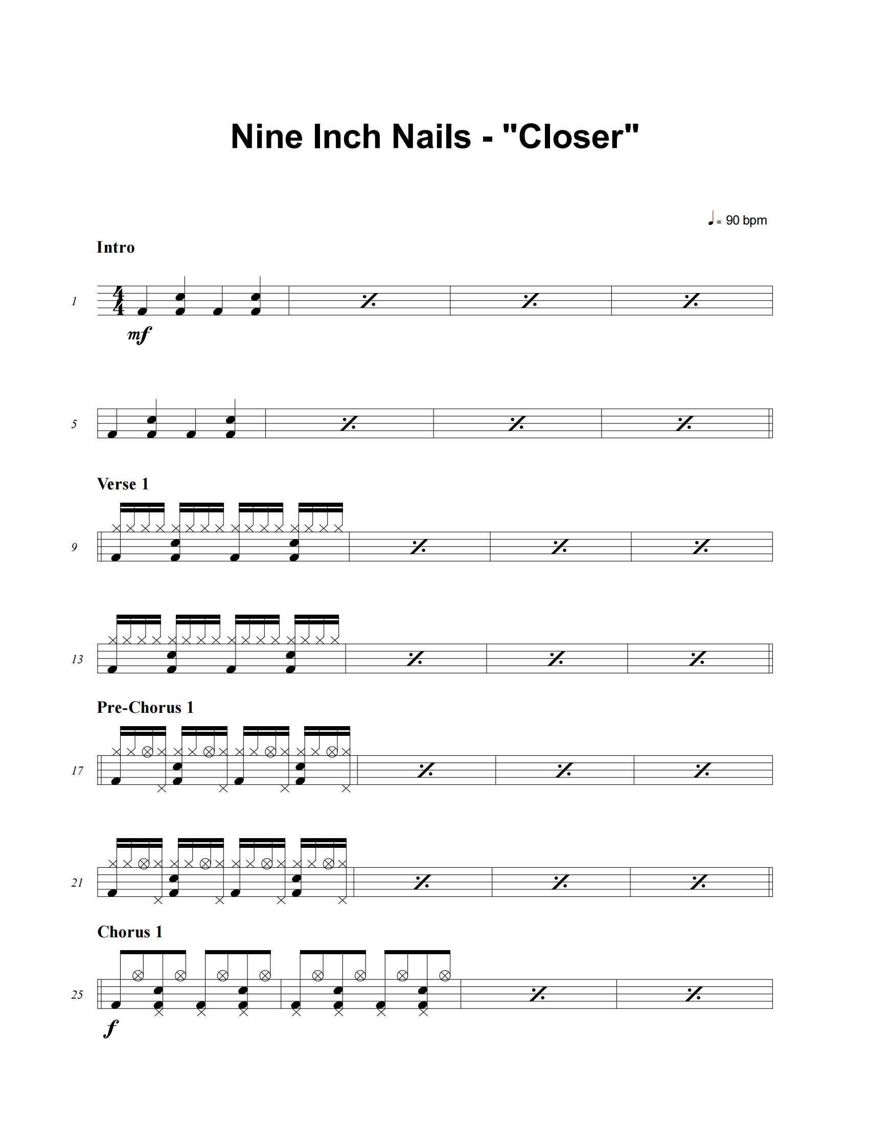 Closer鼓谱 Nine Inch Nails《Closer》架子鼓|爵士鼓|鼓谱