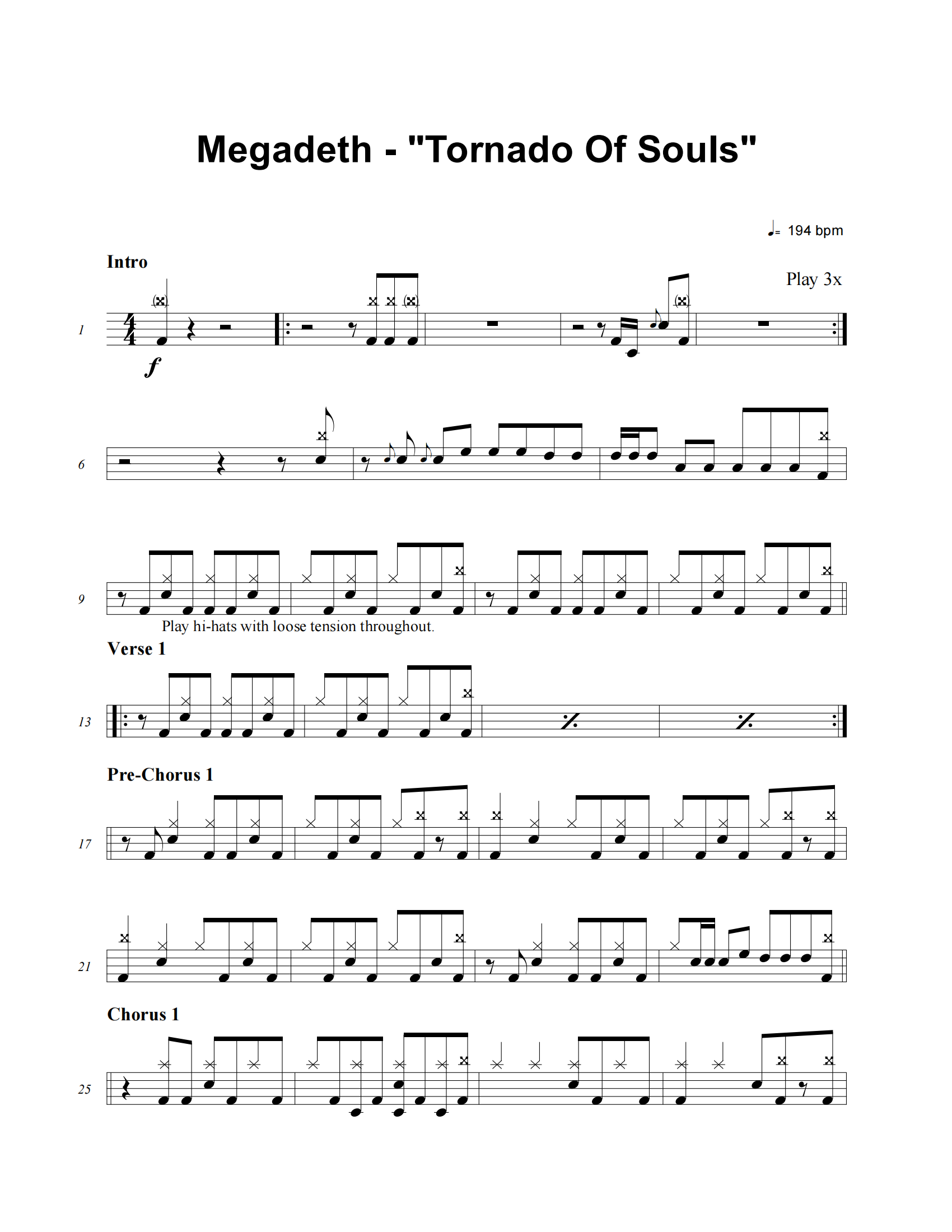 Tornado Of Souls鼓谱 Megadeth《Tornado Of Souls》架子鼓|爵士鼓|鼓谱