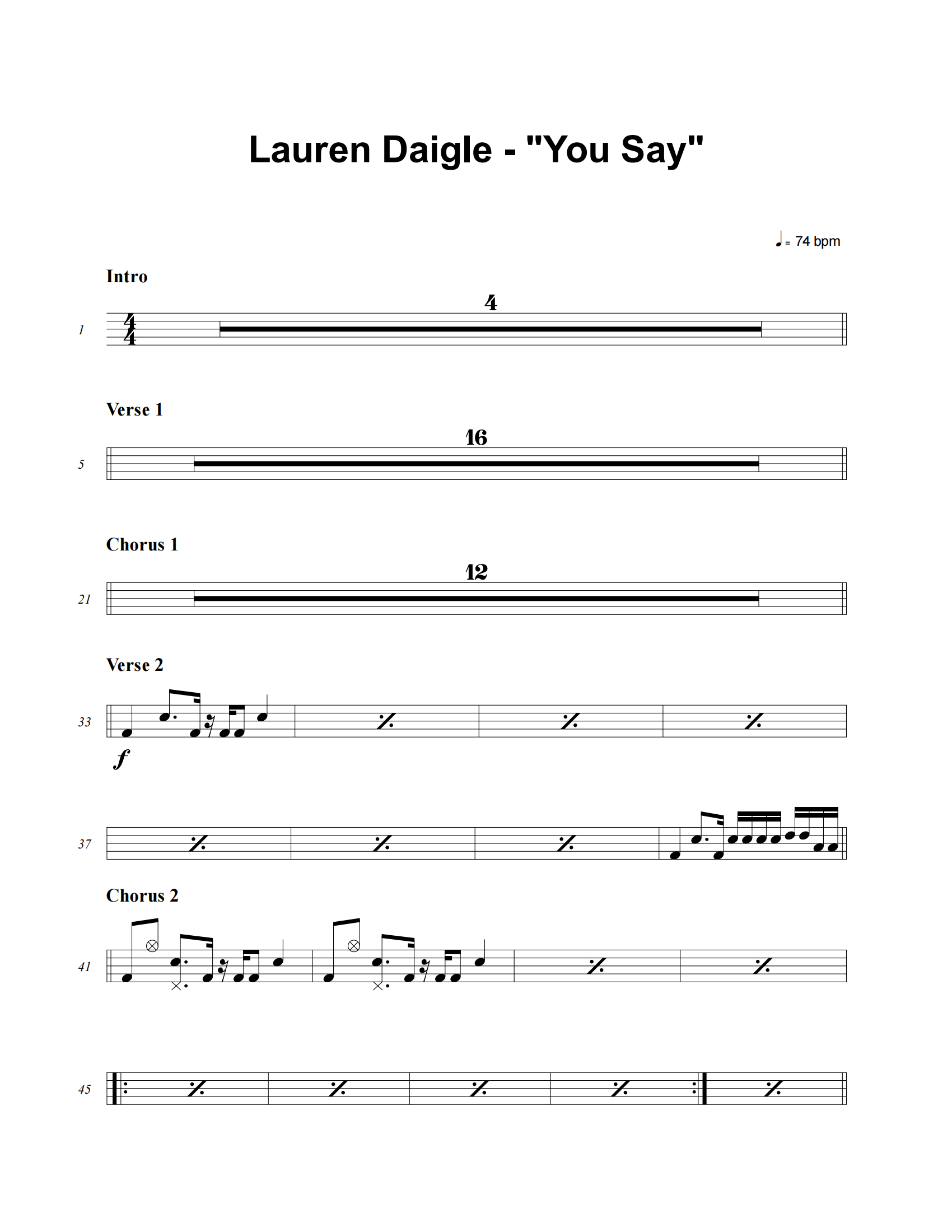 You Say鼓谱 Lauren Daigle《You Say》架子鼓|爵士鼓|鼓谱