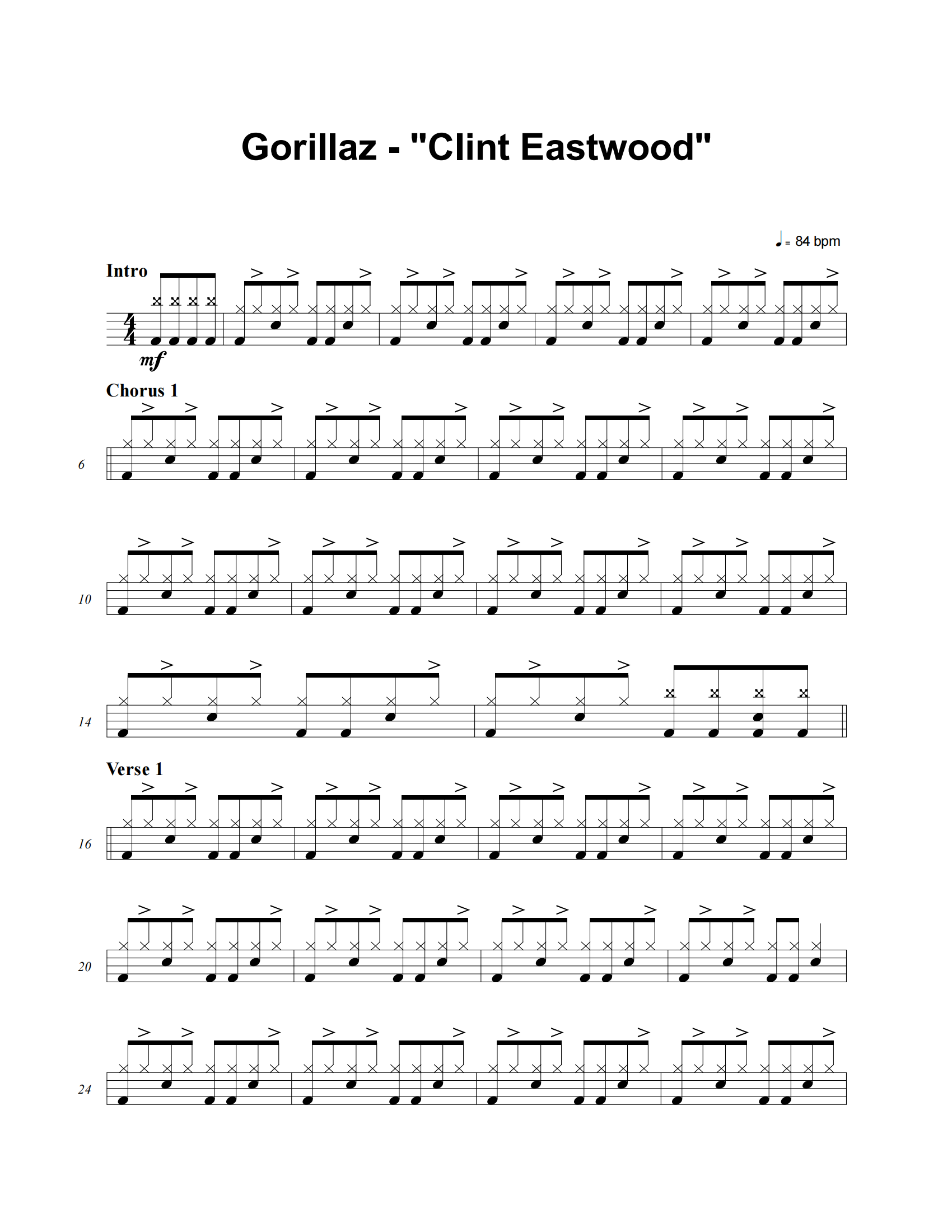 Clint Eastwood鼓谱 Gorillaz《Clint Eastwood》架子鼓|爵士鼓|鼓谱