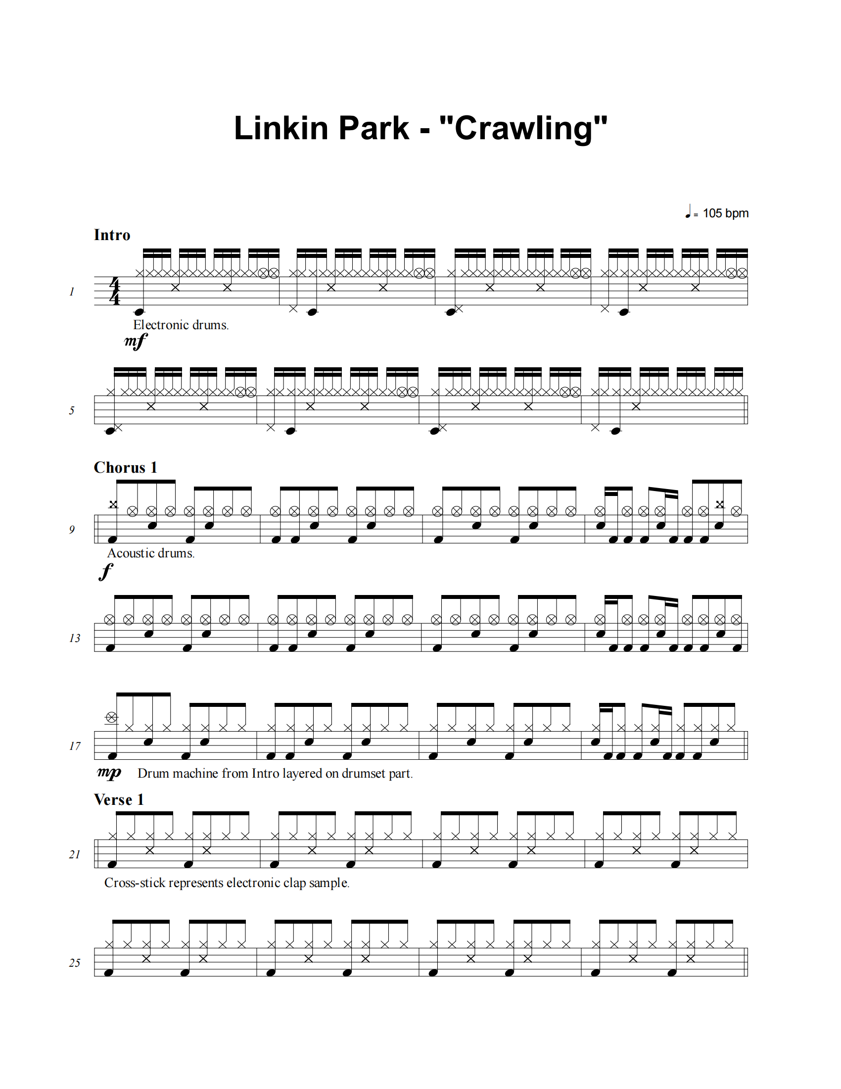 Crawling鼓谱 Linkin Park《Crawling》架子鼓|爵士鼓|鼓谱