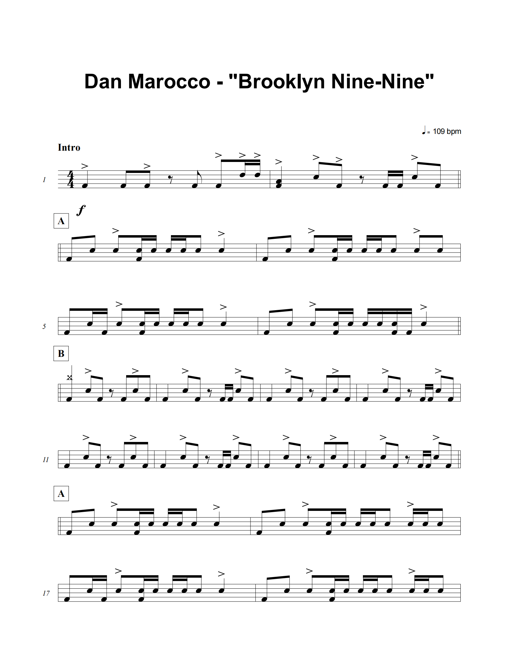 Brooklyn Nine-Nine鼓谱 Dan Marocco《Brooklyn Nine-Nine》架子鼓|爵士鼓|