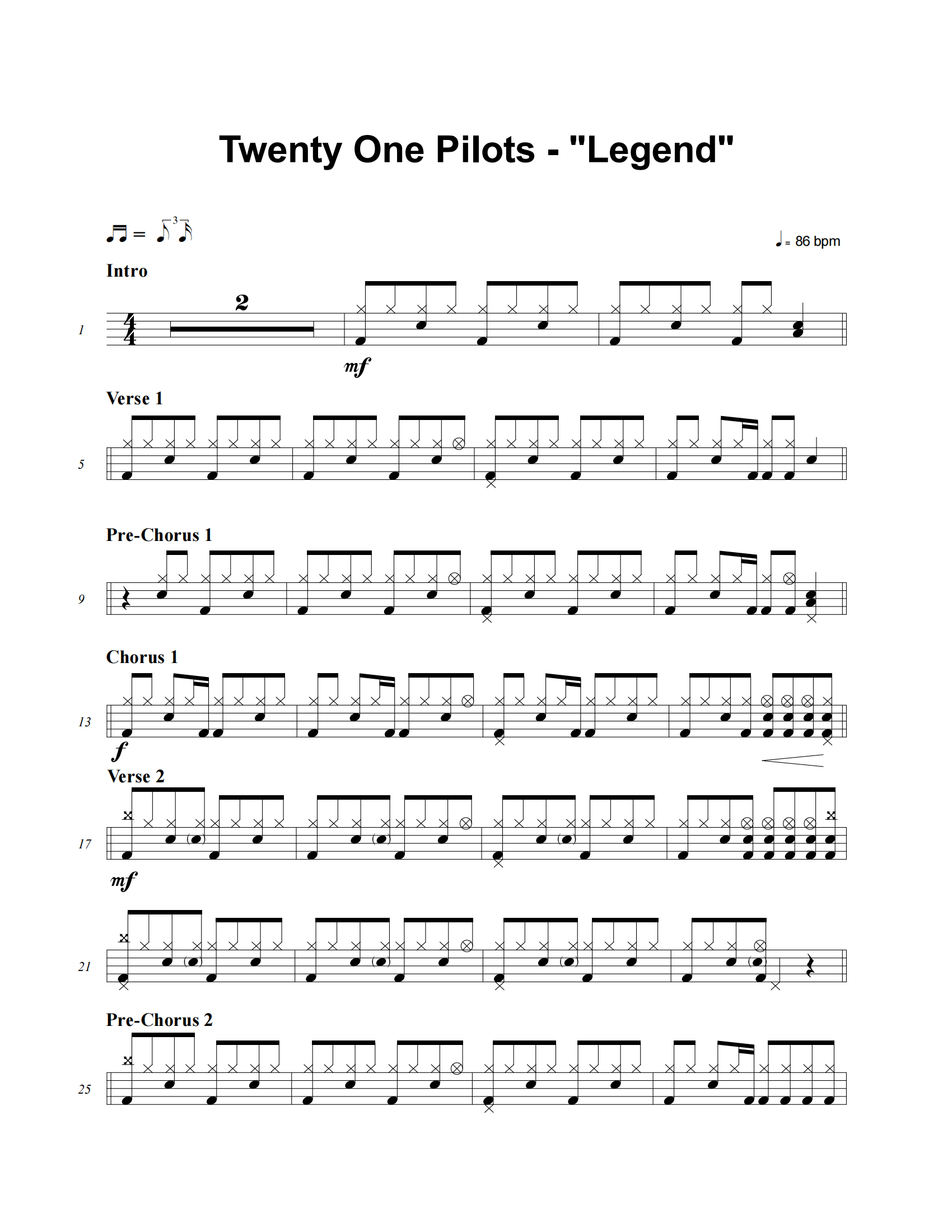 Legend鼓谱 Twenty One Pilots《Legend》架子鼓|爵士鼓|鼓谱