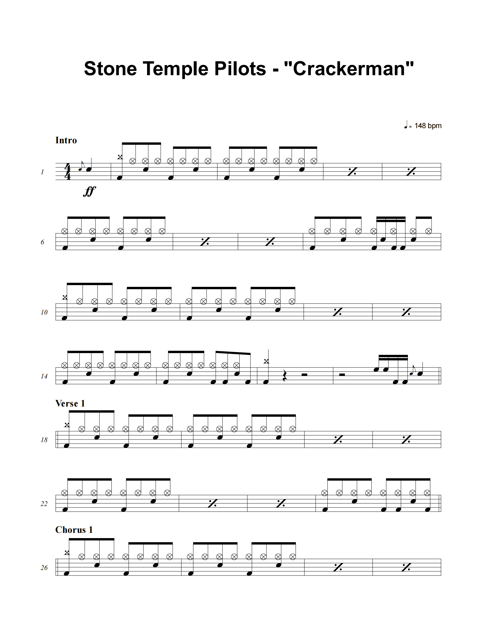 Crackerman鼓谱 Stone Temple Pilots《Crackerman》架子鼓|爵士鼓|鼓谱